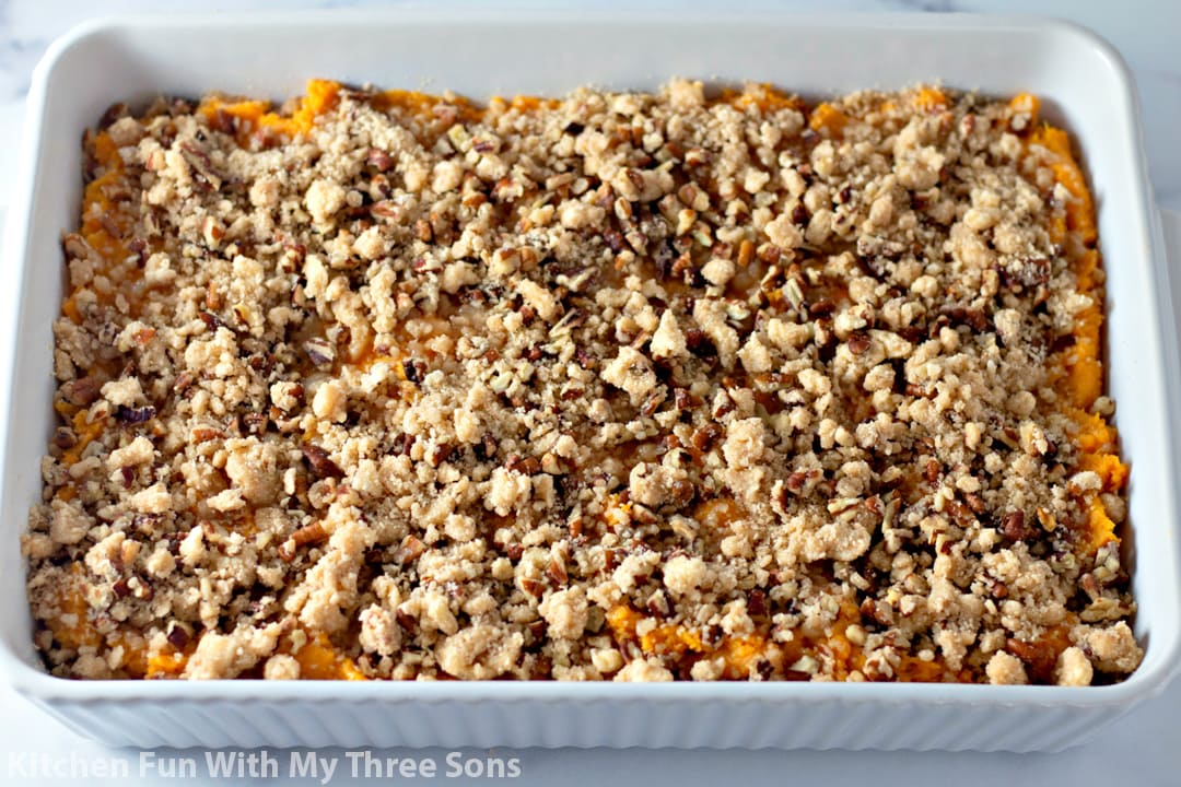 Sweet potato casserole topped with pecan streusel