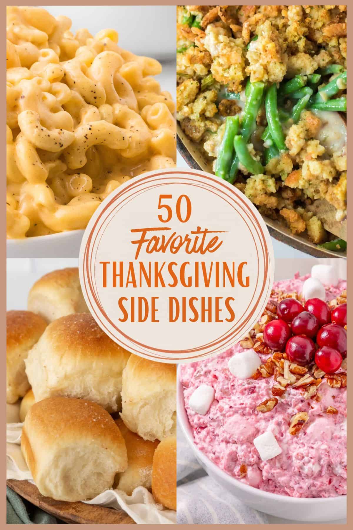 Thanksgiving side dishes including potatoes, vegetables and casseroles.