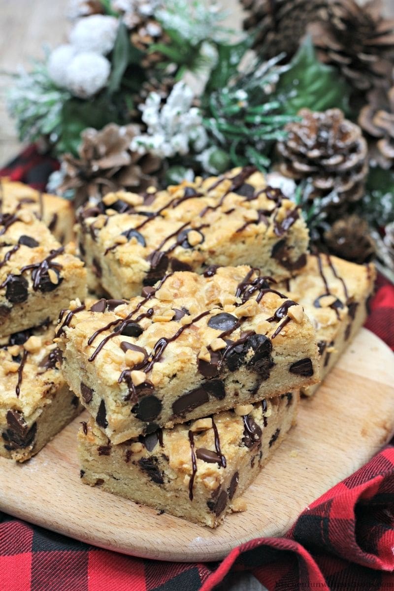 Toffee Cookie Bars with a flannel cloth underneath.