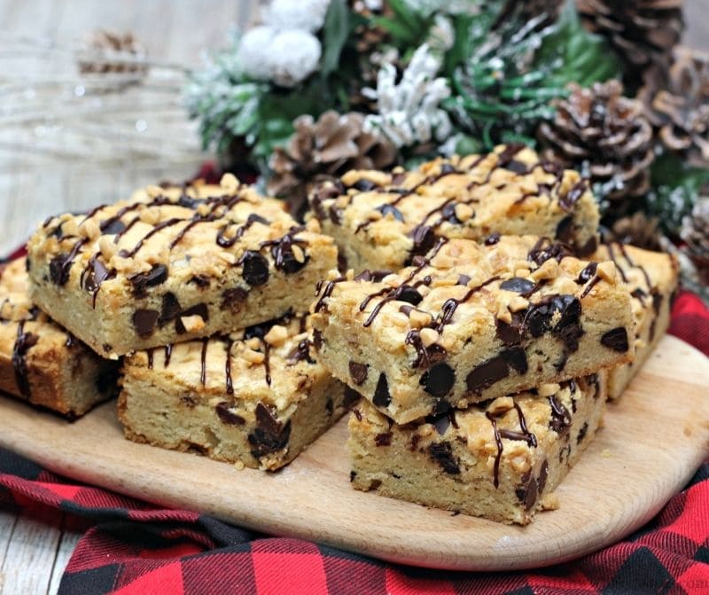 Toffee Cookie Bars on a wooden platter.