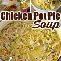 Chicken pot pie soup with noodles and vegetables.