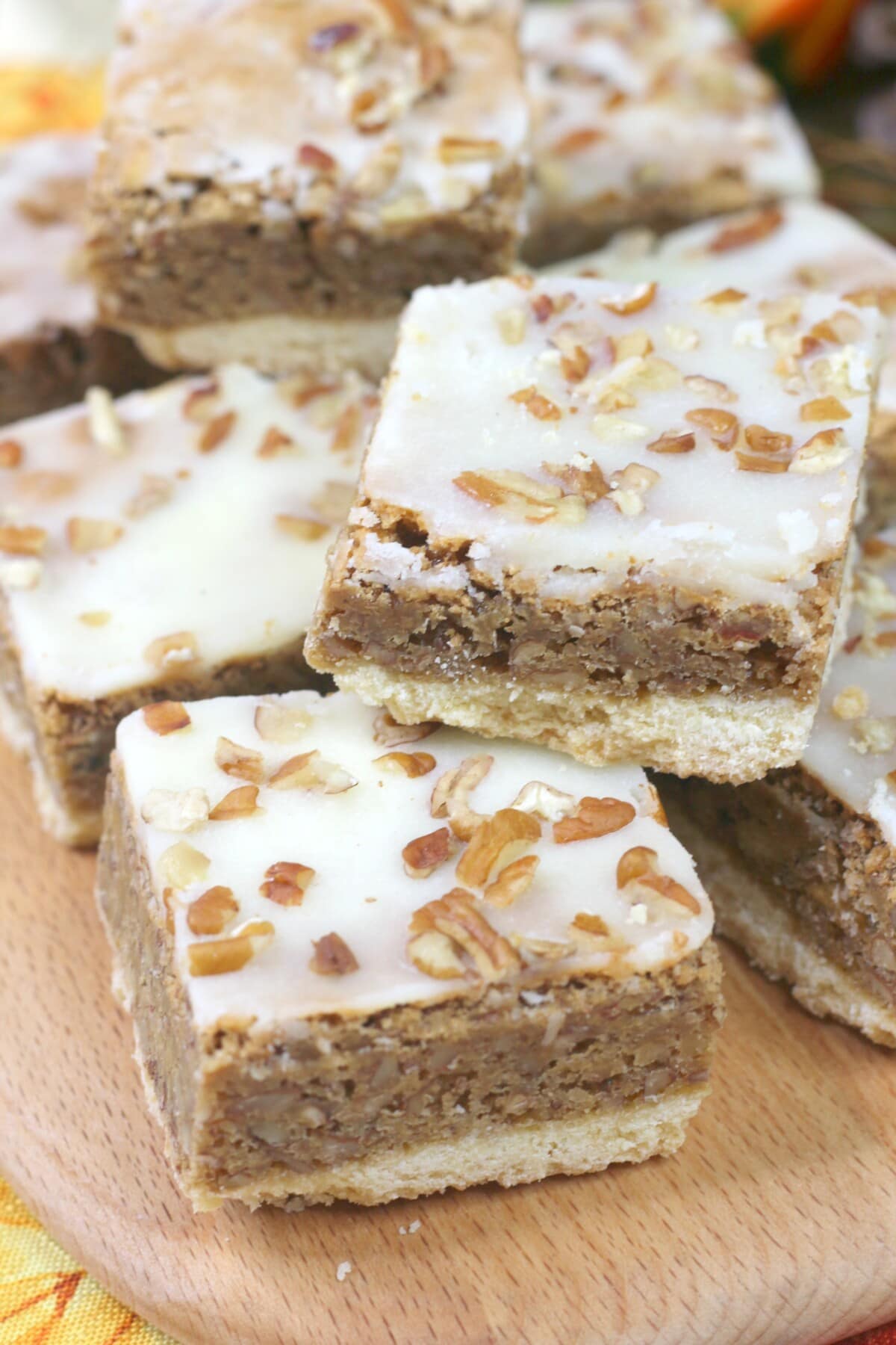 maple pecan bar in a brown tray