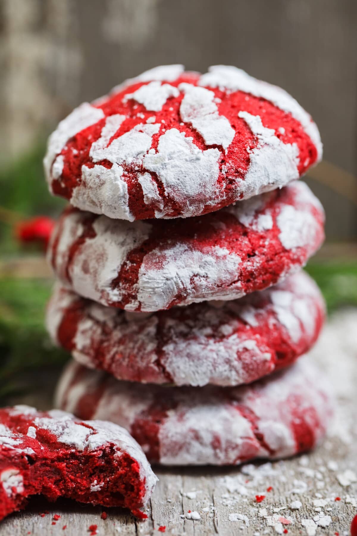 Red Velvet Crinkle Cookies stacked