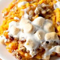 Sweet Potato Casserole with Marshmallows and Pecans feature