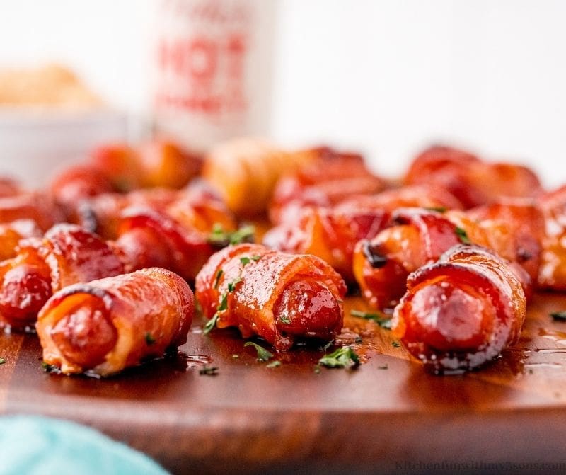 A close up of the Bacon-Wrapped Smokies Recipe.
