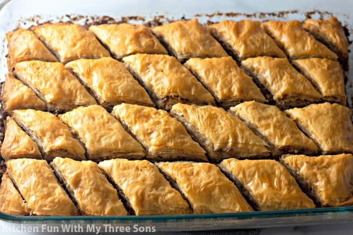 A pan of freshly-baked baklava without syrup added.