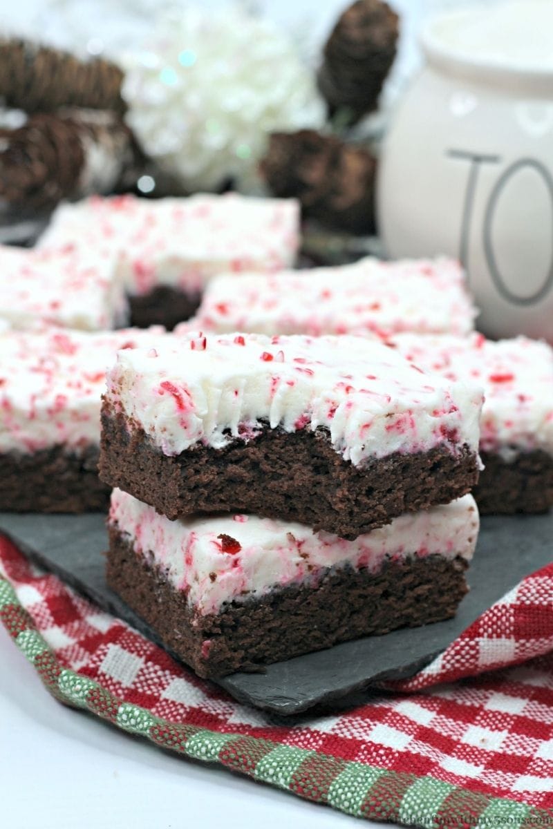 Candy Cane Brownies on a slate sheet.