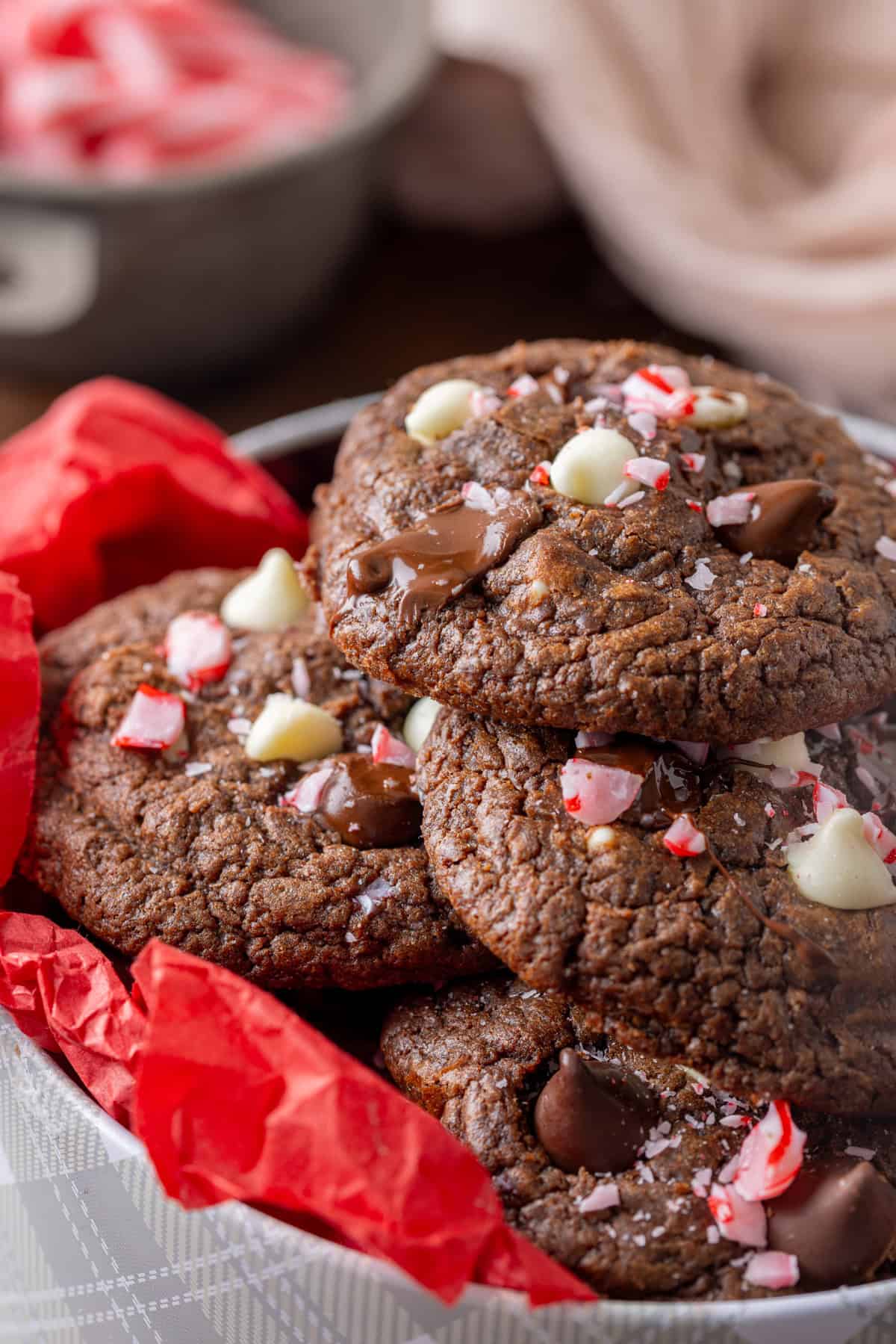 A bowl of chocolate peppermint cookies