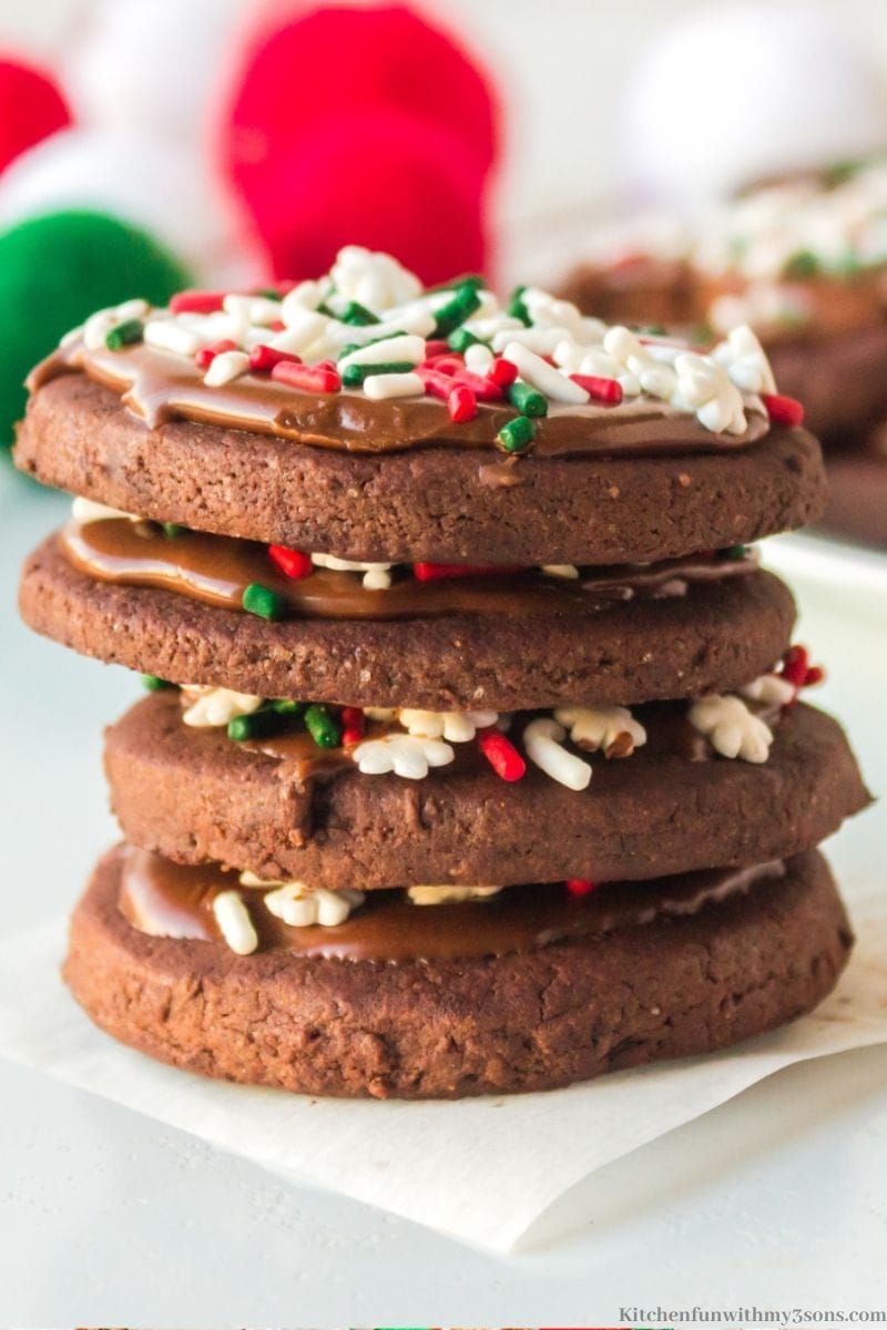 Christmas Chocolate Cookie stacked on top of each other.