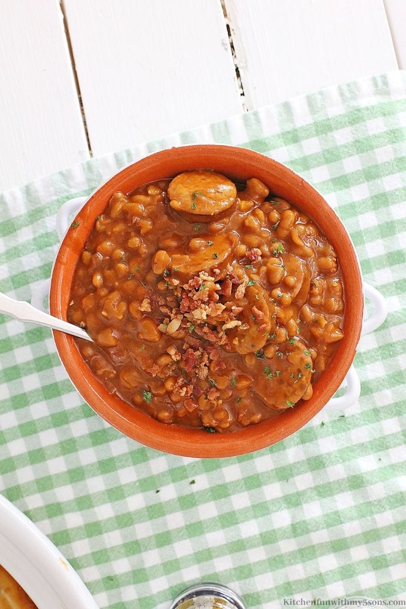 Crock-Pot Kielbasa Sausage and Beans Recipe in a serving bowl.