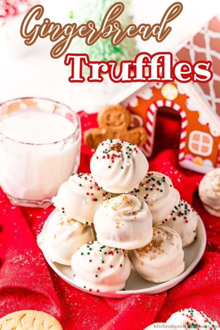 Gingerbread Truffles with sprinkles, a glass of milk and a Gingerbread house