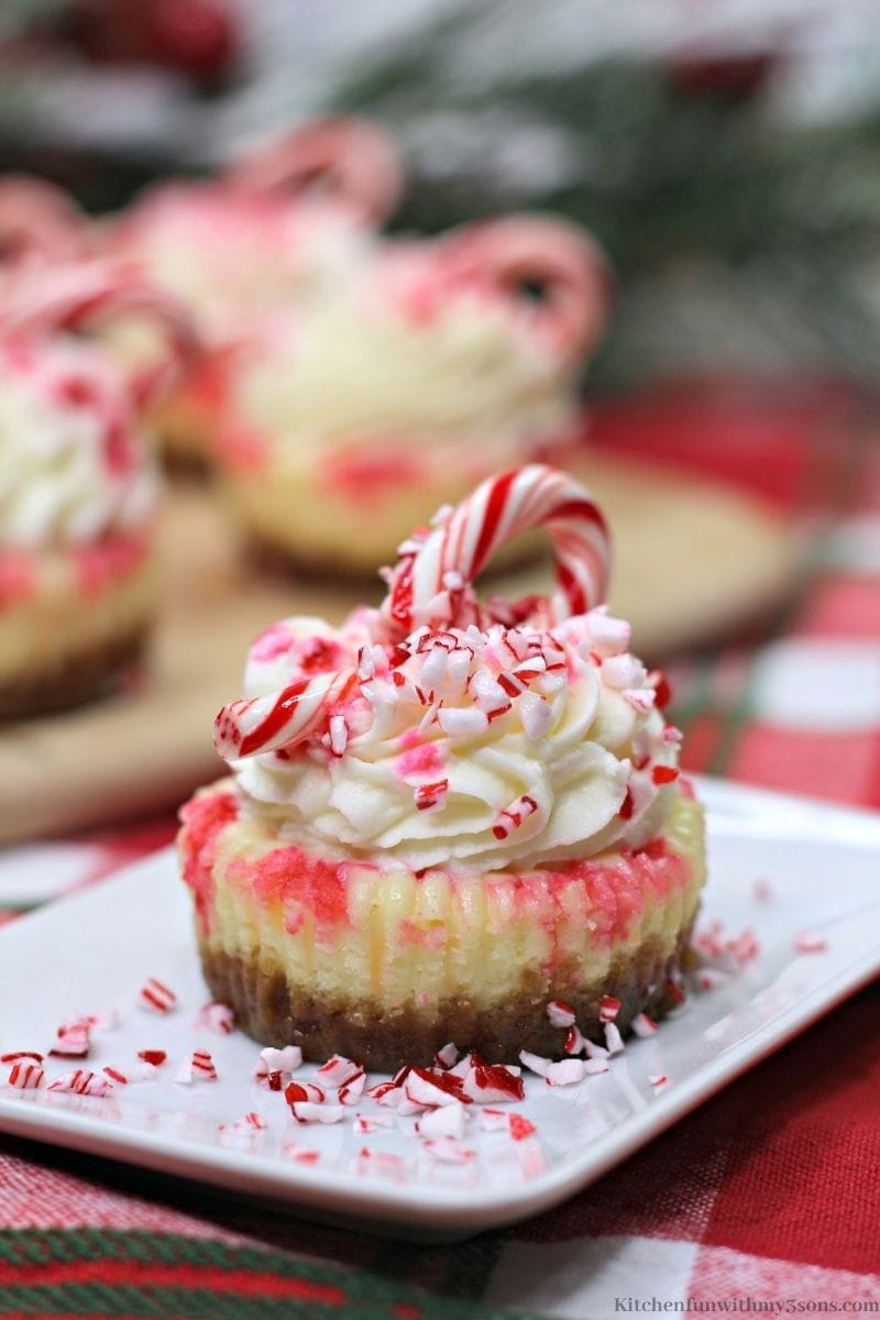 Mini Candy Cane Cheesecake on a patterned cloth.