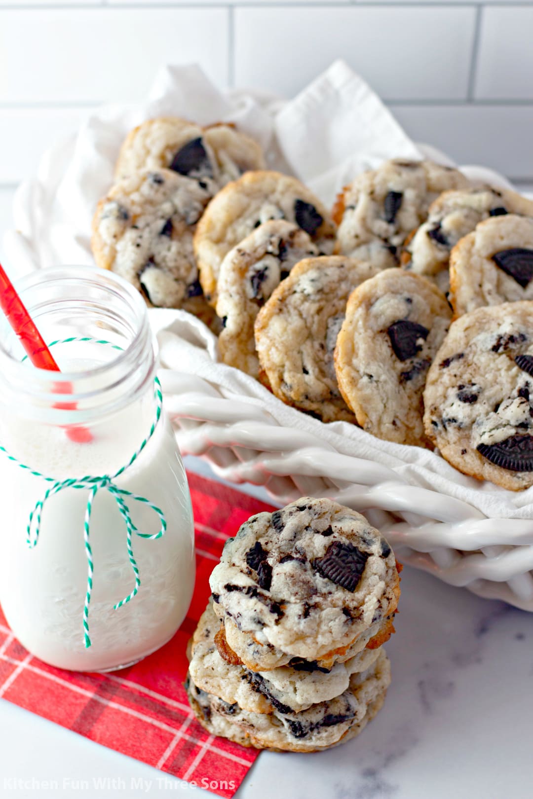 Oreo Cheesecake Cookies in a white basket
