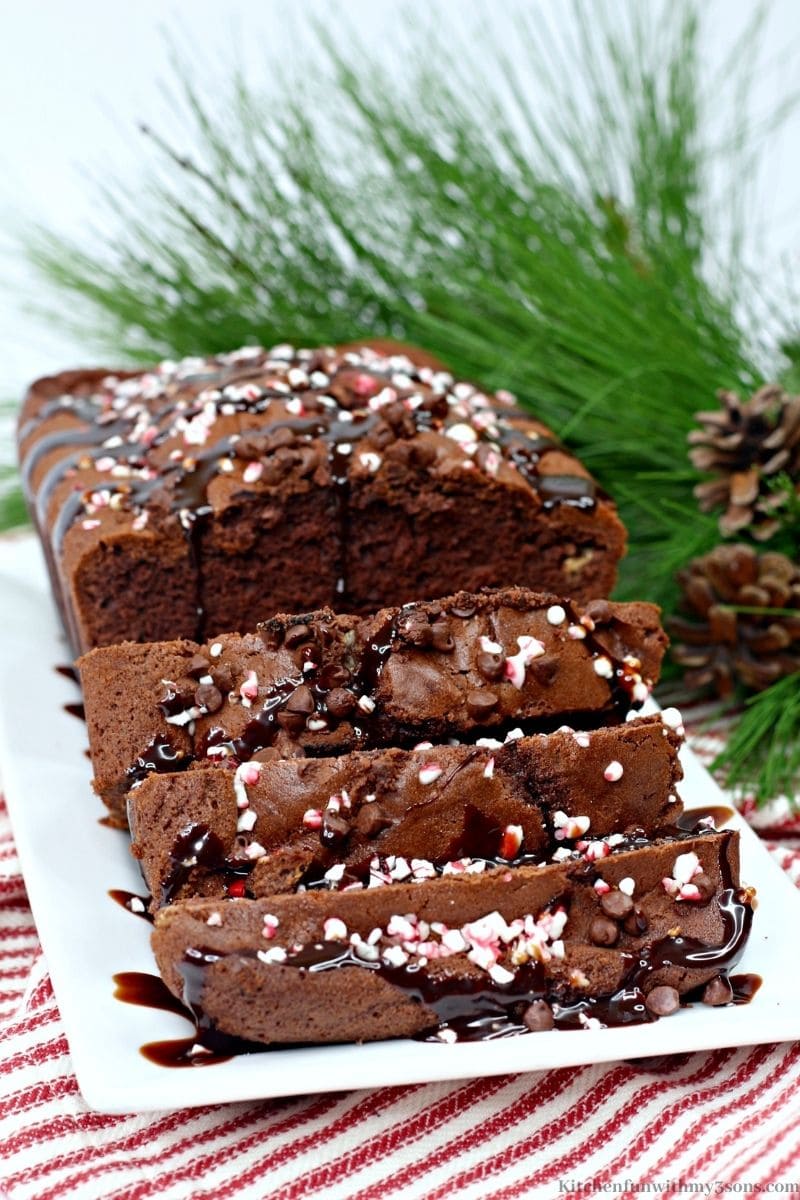 Peppermint Mocha Bread Recipe with pine needle decorations next to it.
