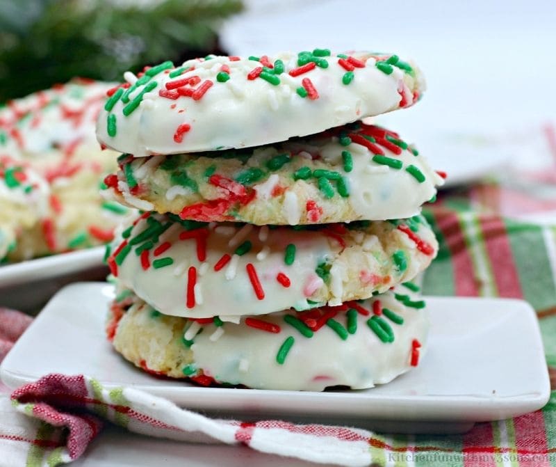 The Best Christmas Butter Cookies on a patterned cloth.