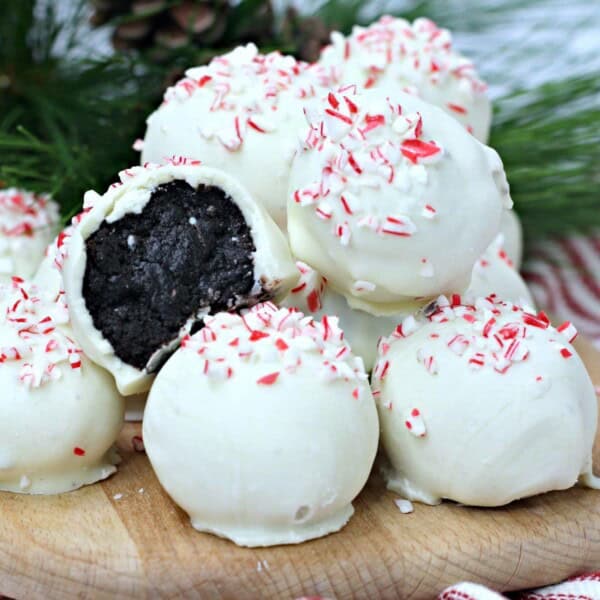 peppermint oreo truffles on a wood board