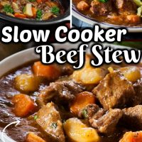A collage of three images of homemade beef stew with text that reads "easy & delicious"