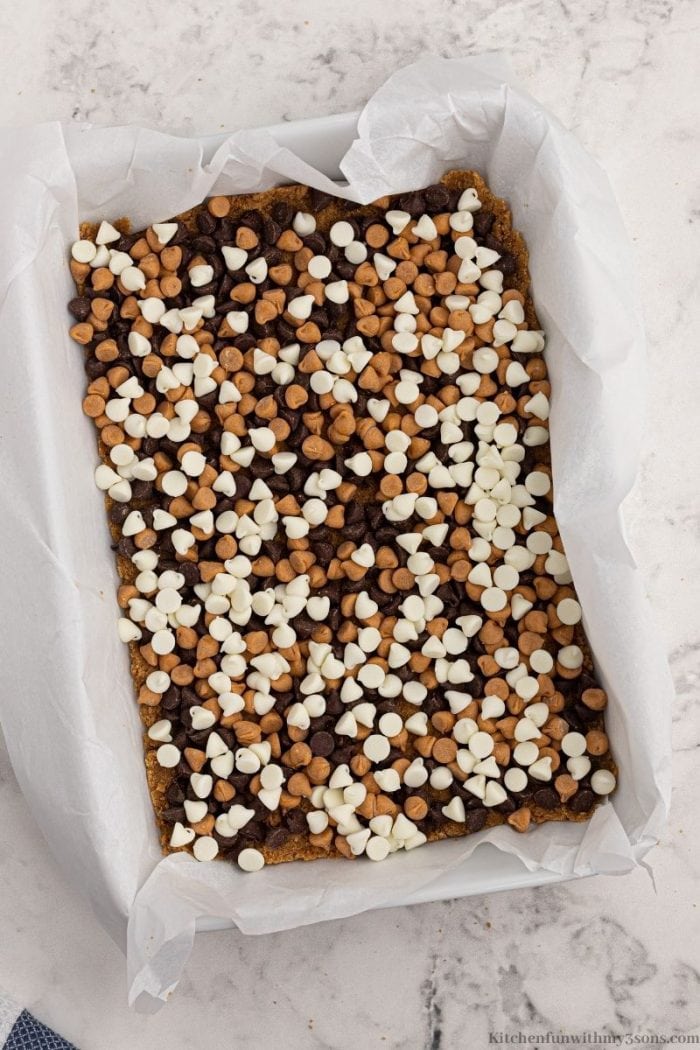 Chocolate and butterscotch chips on graham cracker crust