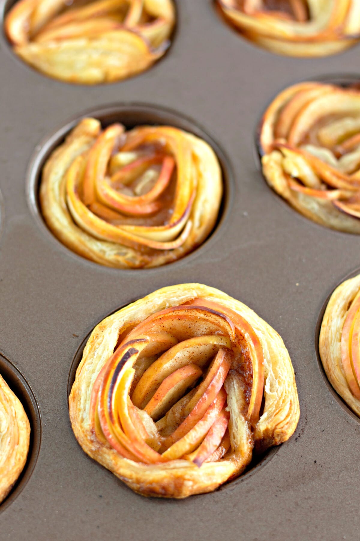 baked apple rose tarts in muffin pan