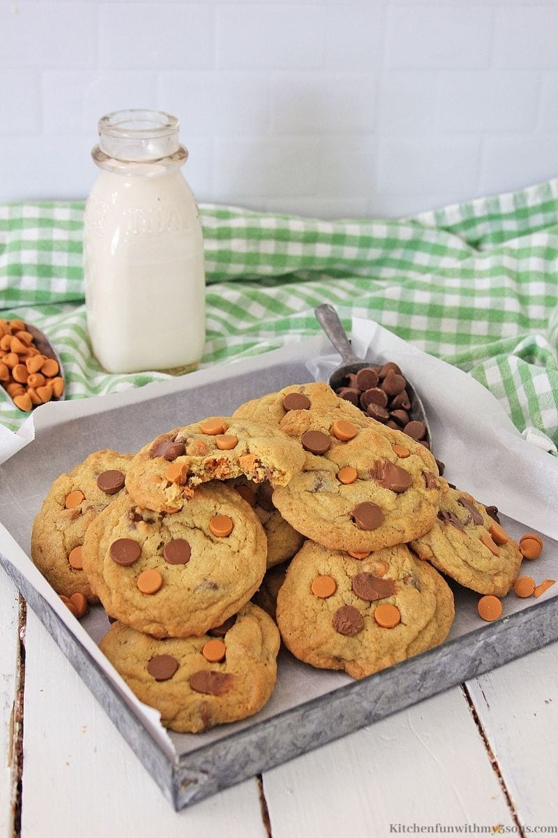 Chocolate Chip Butterscotch Cookies with a side of milk.