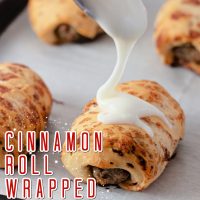 Breakfast Pigs in a Blanket with icing being drizzled on top.