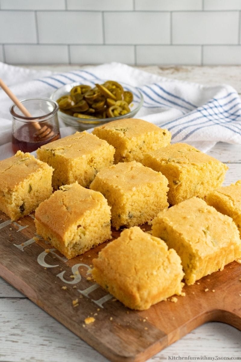 The cornbread sliced into serving pieces.