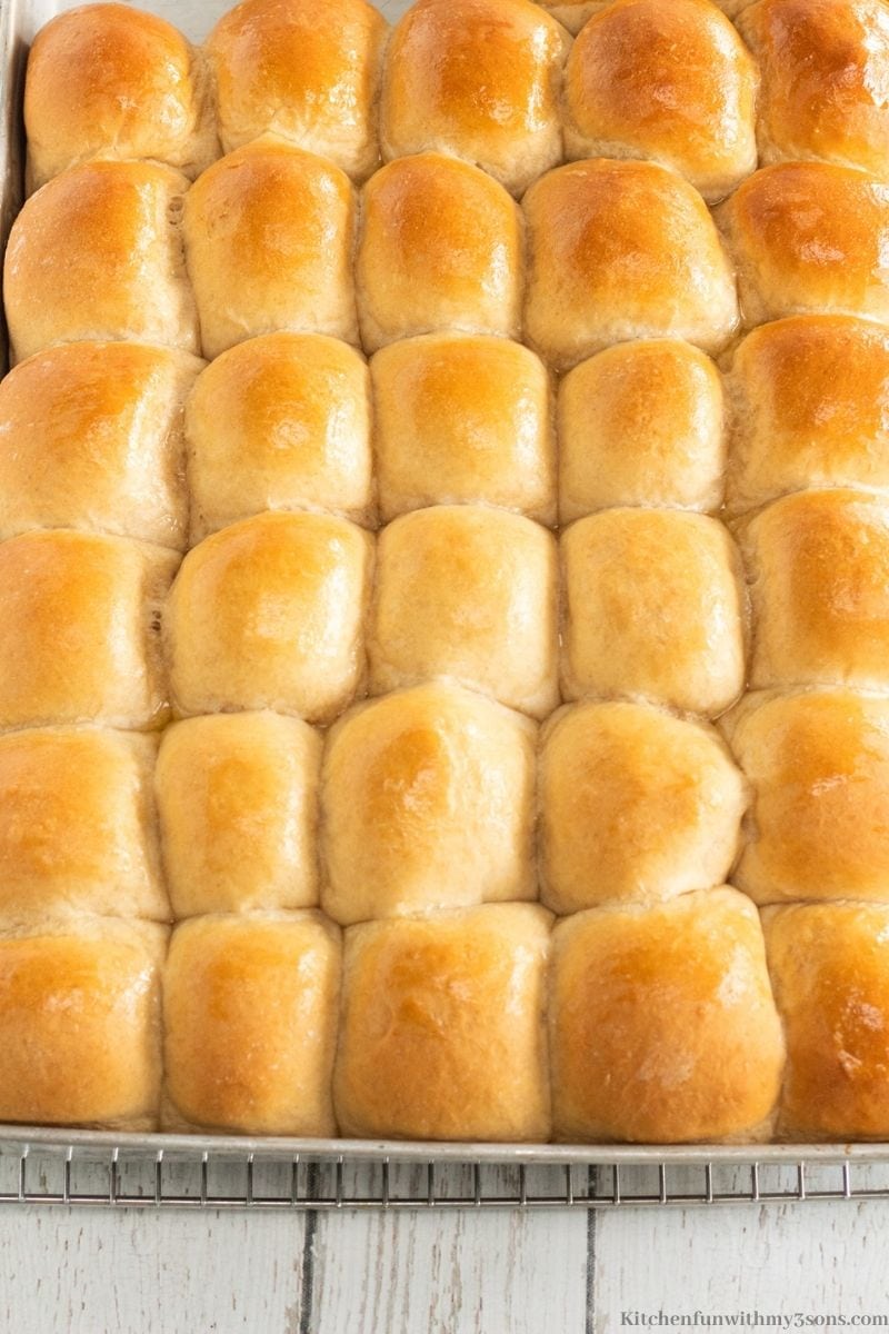 The buttered rolls in the sheet pan.