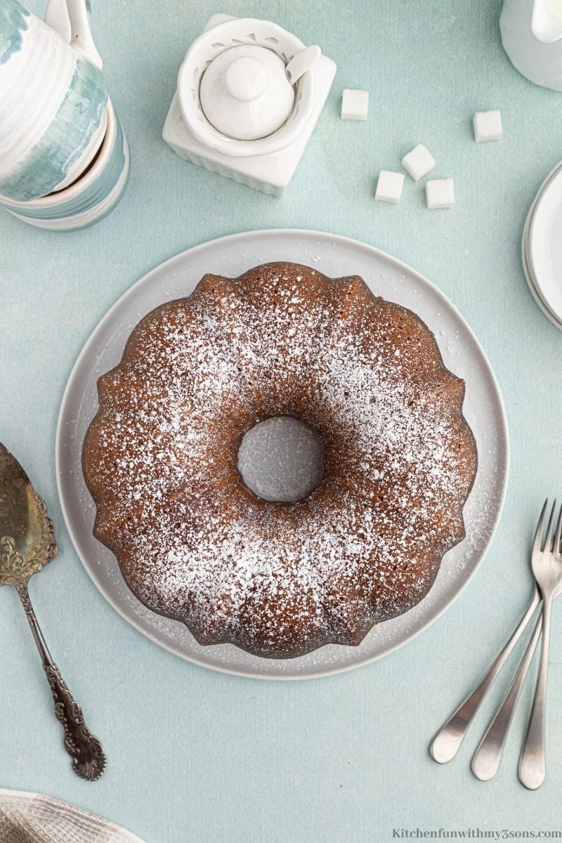 Kentucky Butter Cake dusted with powdered sugar.