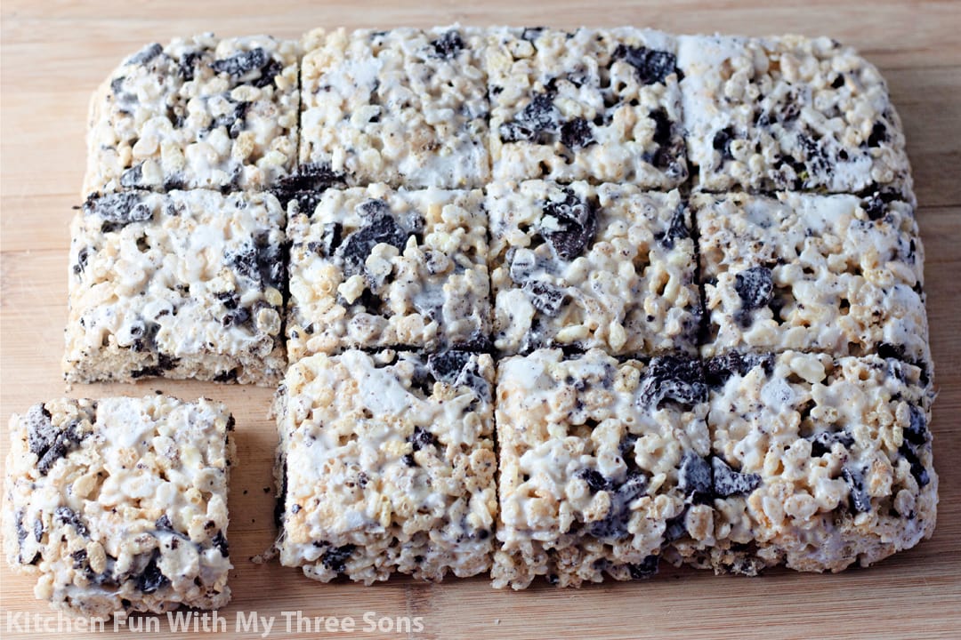 cutting the rice krispie treats into squares