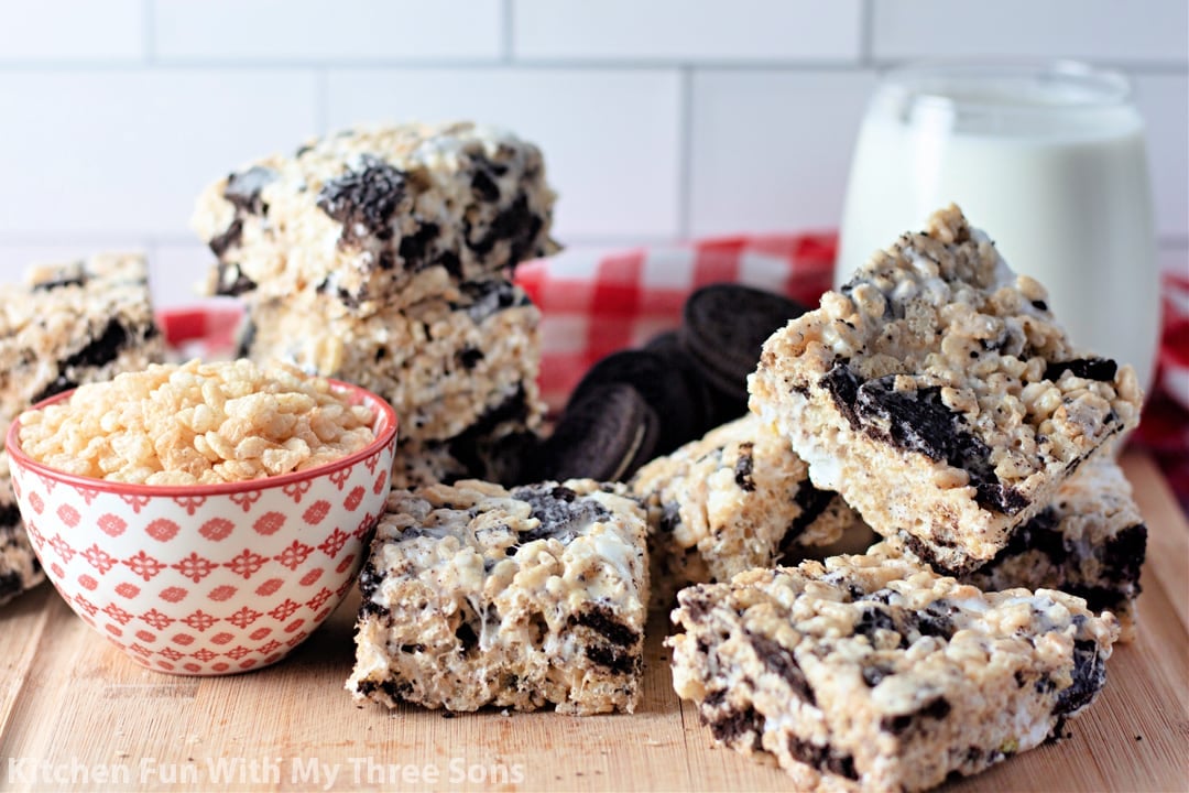 Oreo Rice Krispie Treats on a wooden cutting board