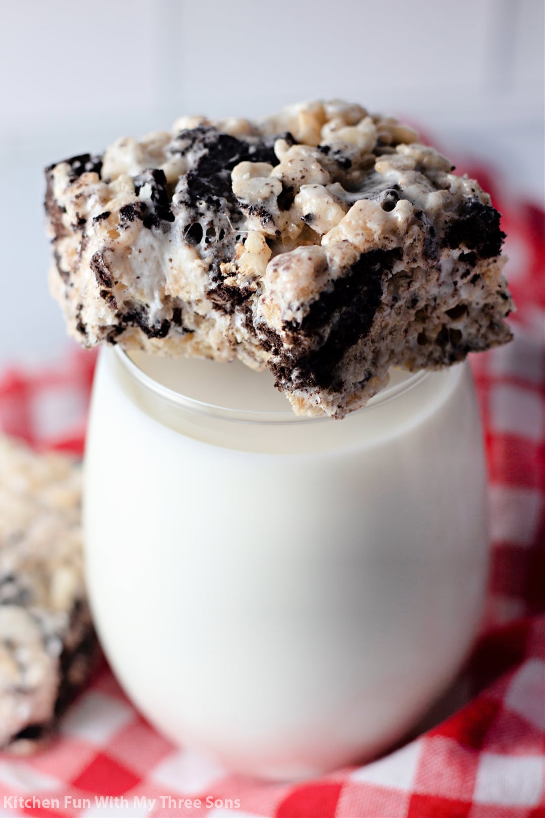 Oreo Rice Krispie Treats on a glass of milk