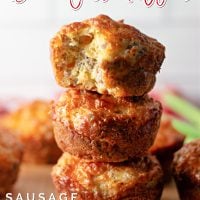 Sausage Breakfast Muffins Pinterest with photo of 3 sausage muffins stacked.