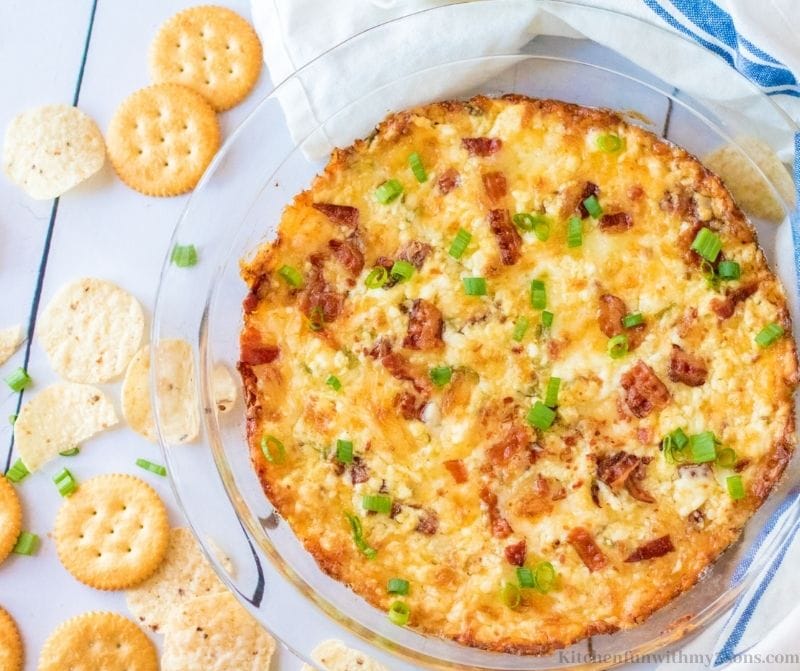 Savory Bacon Swiss Dip Recipe in a glass bowl.