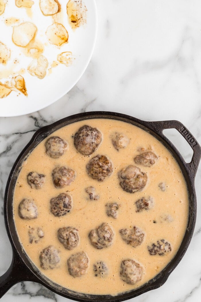 Swedish meatballs in a cast iron skillet