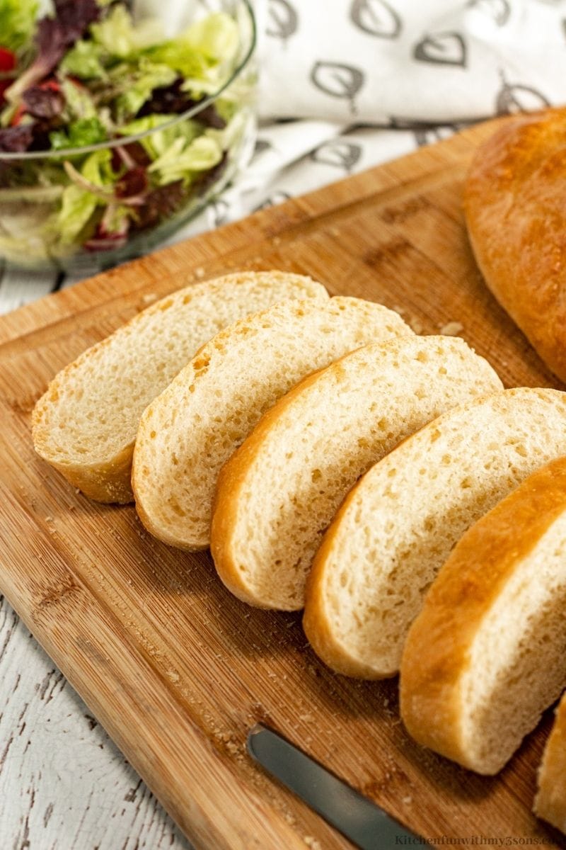 The French bread sliced into serving sizes.