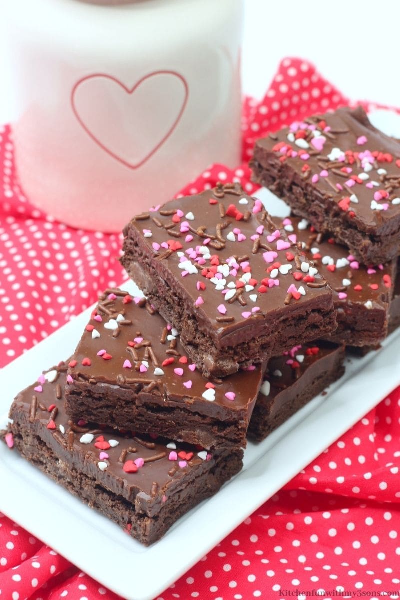 Valentine's Day Brownies on a polka dotted red cloth.