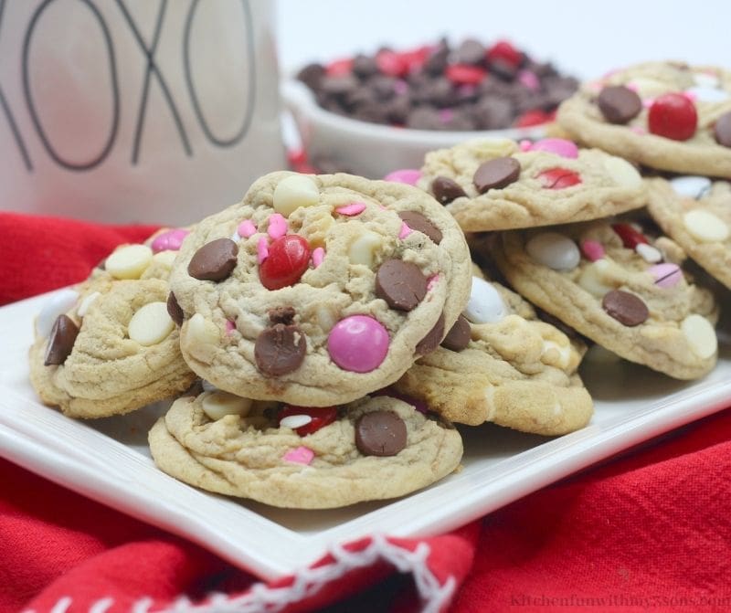 Valentine's Day Chocolate Chip Cookies on a white serving platter.