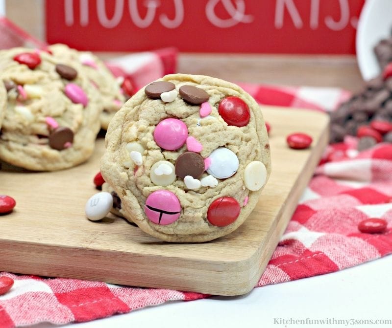 Valentine's Day Chocolate Chip Cookies on a wooden board.
