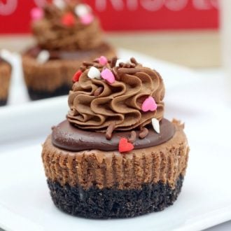 One Valentines Mini Chocolate Cheesecake on a white plate topped with chocolate ganache and frosting and sprinkles.