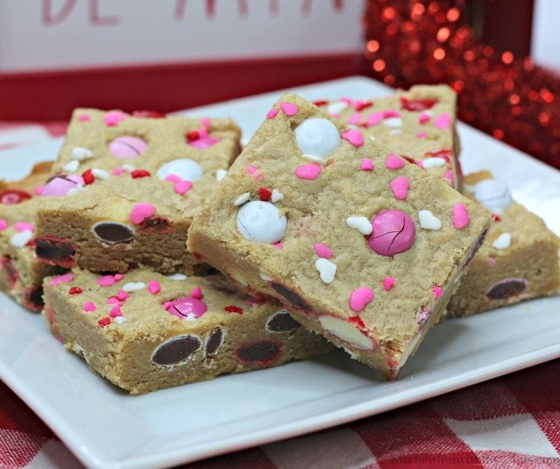 Peanut Butter Cookie Bars for Valentines with Sprinkles and Valentines M & Ms