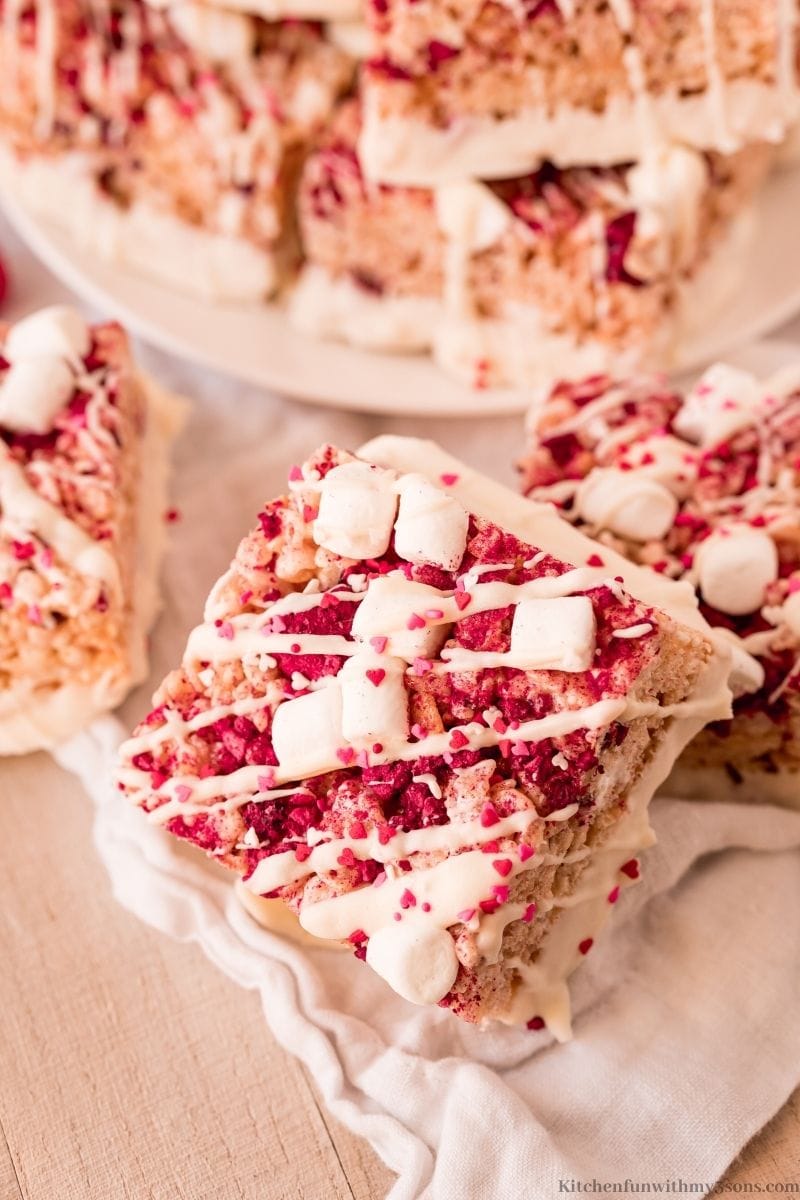 A close up of one of the Valentine's Day Rice Krispie Treats.