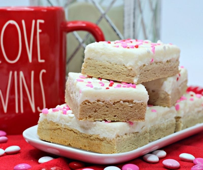 Valentine's Day Snickerdoodle Cookie Bars on a white platter.