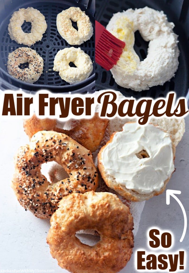 Pinterest graphic with three images of air fryer bagels