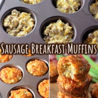 Pinterest graphic with three photos of sausage breakfast muffins