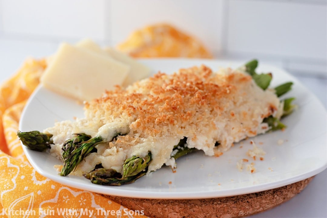 Baked Asparagus Casserole on a white plate.