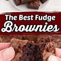 Pin graphic with two images of fudgy brownies
