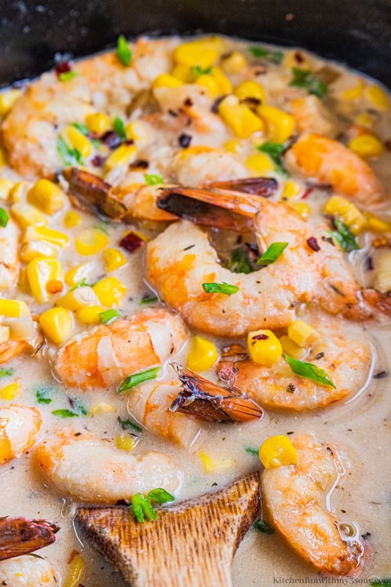 A close up of the finished Slow Cooker Shrimp Corn Chowder.