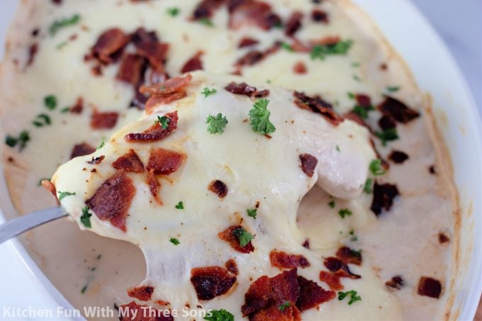 Cheesy Smothered Chicken with Bacon.