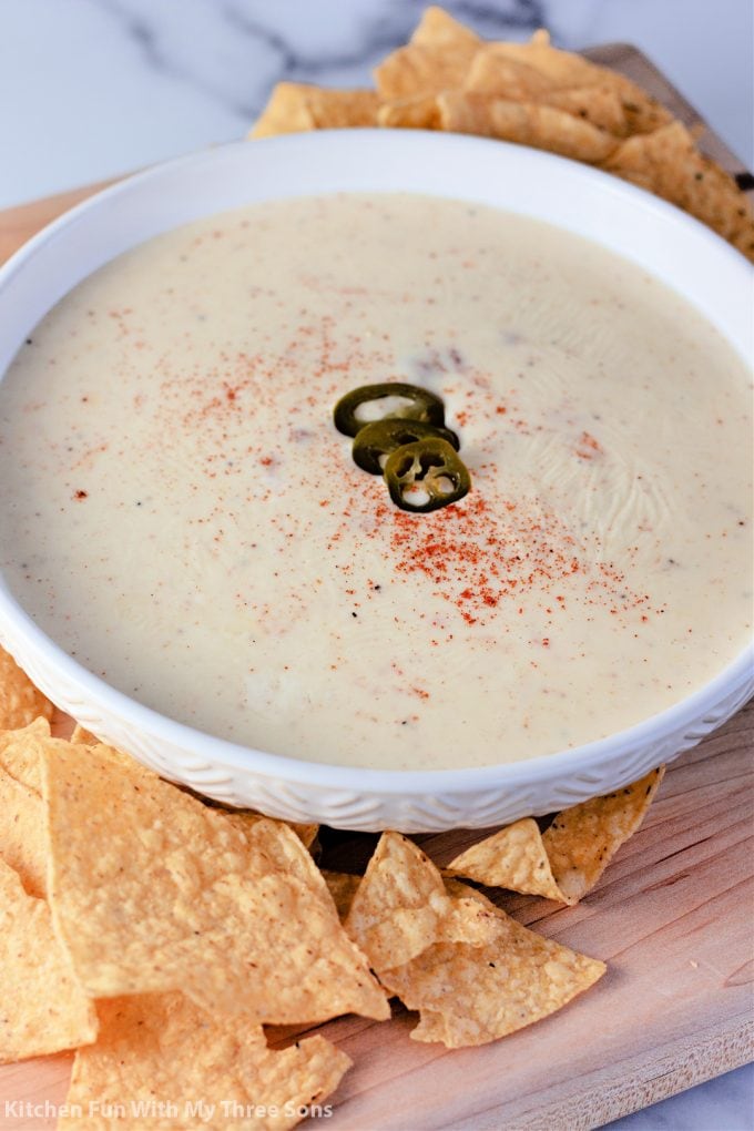 The Best White Queso Dip with tortilla chips.