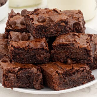 A pile of fudgy brownies feature